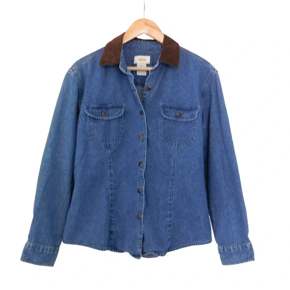 Talbots Womens Denim Shirt Jacket Button Front Brown Collar Size Petite Medium - Picture 5 of 5